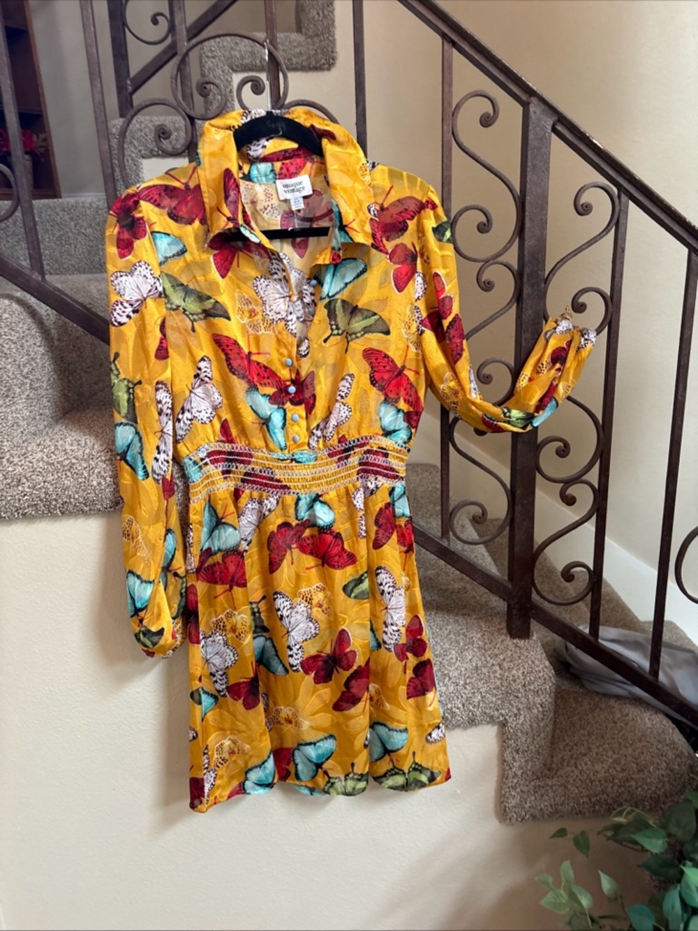 NWT Unique Vintage Lg Yellow Butterfly Print Retro Swing Chiffon Dress USA